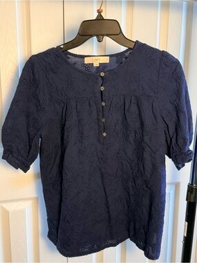 LOFT Navy Eyelet Button-Front Shell Top